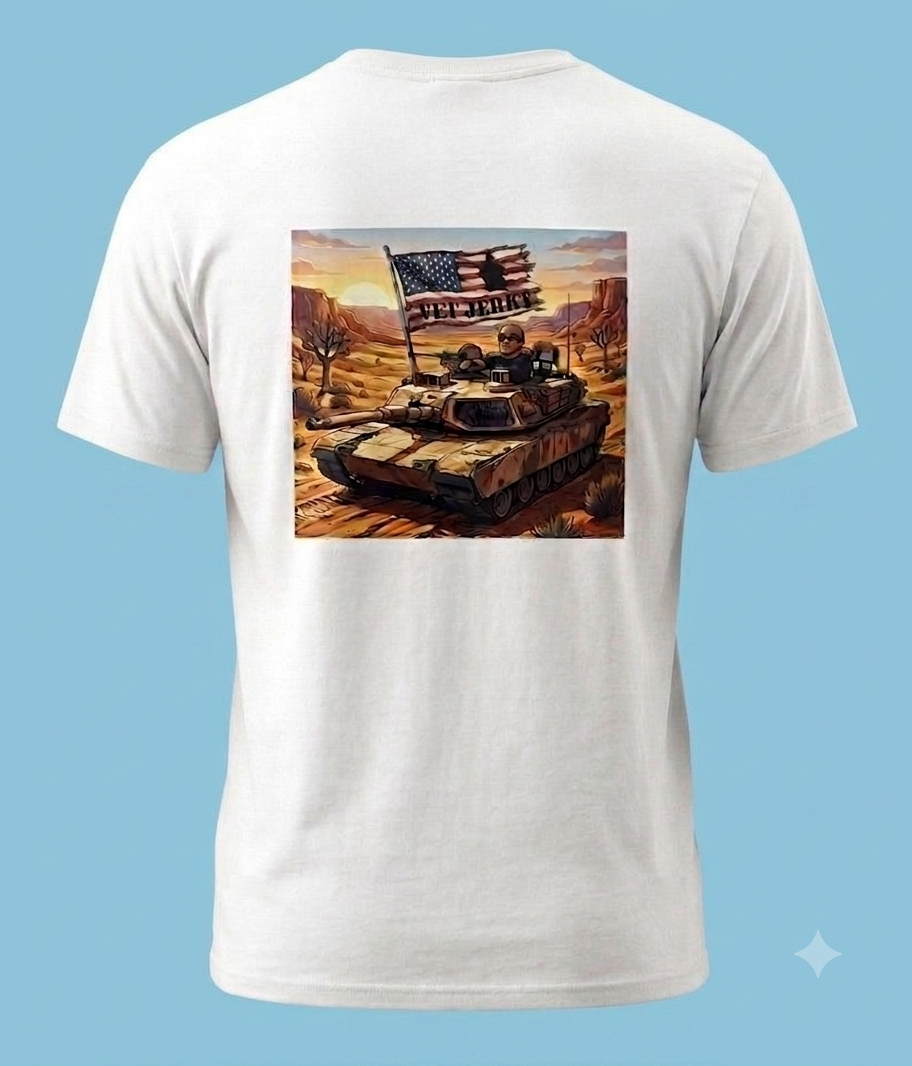 Vet Jerky Tank on Back Logo on Front Short Sleeve T-shirt 100% Cotton