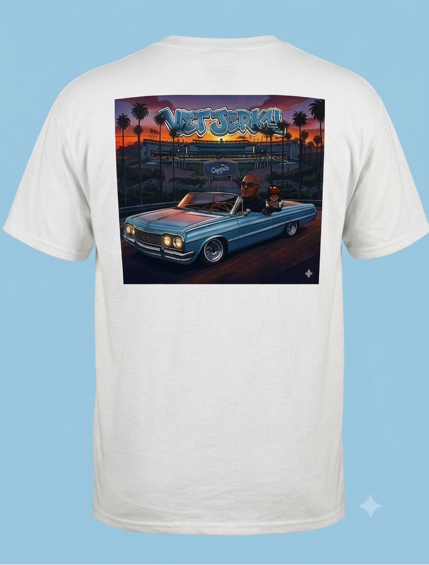 Vet Jerky Car on Back Logo on Front Short Sleeve T-shirt 100% Cotton