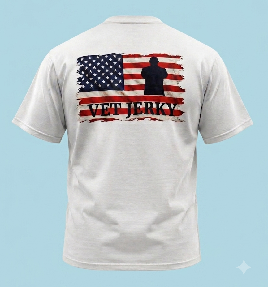 Vet Jerky Flag on Back with Logo on Front Short Sleeve T-shirt 100% Cotton